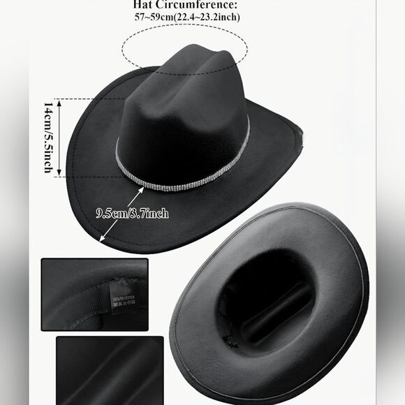 ☔️🩵Black & Rhinestone Band Wide Brim Cowgirl Hat Medium - Picture 14 of 15
